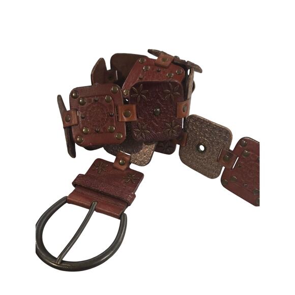 Fossil Wide Brown Studded Leather Belt | Boho Western Statement | M